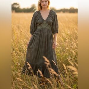 Free People Morning Glory Smocked 3/4 Sleeve Maxi Dress Size S